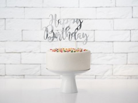 Dekoracja na tort topper na tort Happy Birthday, srebrny, 22,5cm Partydeco (KPT11-018M)