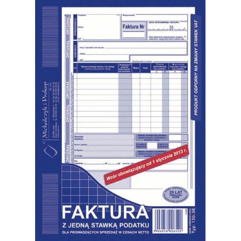 Druk offsetowy A5 Faktura VAT pion A5 (z jedną stawką podatku) 80k. Michalczyk i Prokop (130-3E)
