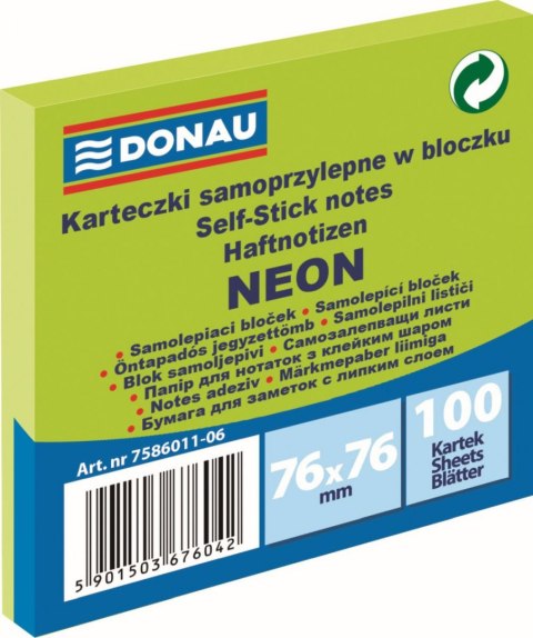 Notes samoprzylepny (karteczki) Neon zielony 100k [mm:] 76x76 Donau (7586011-06)
