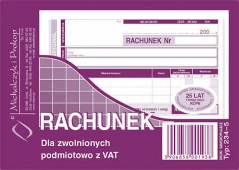 Druk offsetowy Rachunek uproszczony dla zwolnionych z VAT A6 A6 80k. Michalczyk i Prokop (234-5)