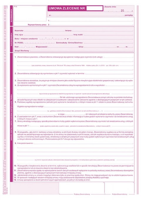 Druk samokopiujący Umowa zlecenie z rachunkiem A4 A4 40k. Michalczyk i Prokop (511-1U)
