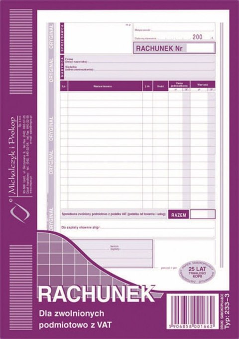 Druk samokopiujący Rachunek dla zwolnionych podmiotowo z VAT A5 80k. Michalczyk i Prokop (233-3)