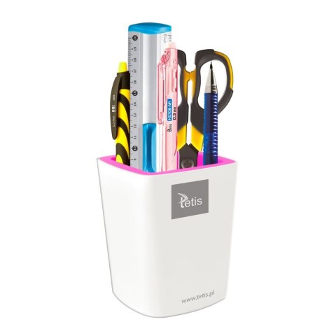 Przybornik na biurko różowy biały plastik Tetis (BV405 (R))