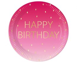 Talerz jednorazowy Pink Happy Birthday, Decorata papier śr. 230mm 8 szt Godan (96623)