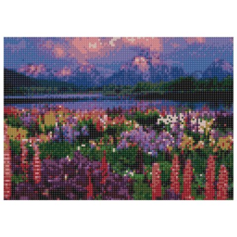 Zestaw kreatywny Diamentowa mozaika 30x40cm Pejzaż góry, rzeka i kwiecista łąka Flamingo Line (TGC70028)
