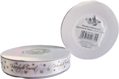 Wstążka Craft-Fun Series satynowa satynowa z nadrukiem Wesołych Świąt 12 biało-złoty Titanum (12/25YWHITE)