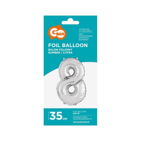 Balon foliowy cyfra 8 srebrny 35 cm 8cal Godan (FG-C35S8)
