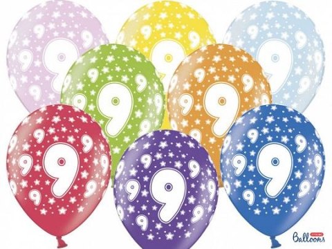 Balon gumowy gumowy 9 urodziny, mix kolorów 30 cm/6 sztuk mix 300mm Partydeco (SB14M-009-000-6)
