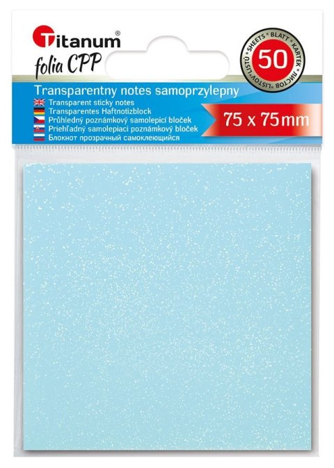 Notes samoprzylepny (karteczki) transparentne, z polipropylenu 75x75 niebieski 50k [mm:] 75x75 Titanum