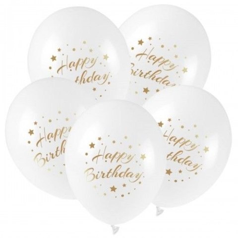 Balon gumowy ze złotym nadrukiem Happy Birthday (5 szt.) biały 300mm 12cal Arpex (KB2877)