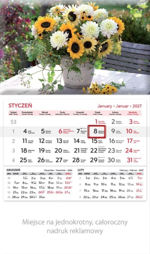 Kalendarz ścienny KWIATY JEDNODZIELNY 320mm x 560mm Lucrum (KT04)