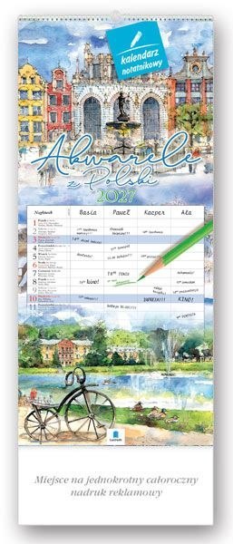 Kalendarz ścienny notatnikowy 2027 aKWARELE Z POLSKI 220mm x 490mm Lucrum (WN04)
