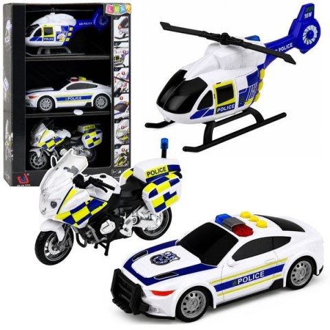 Zestaw samochodowy Policyjny Helikopter Motocykl Radiowóz Światła Dźwięki 1:32 Lean (31585)